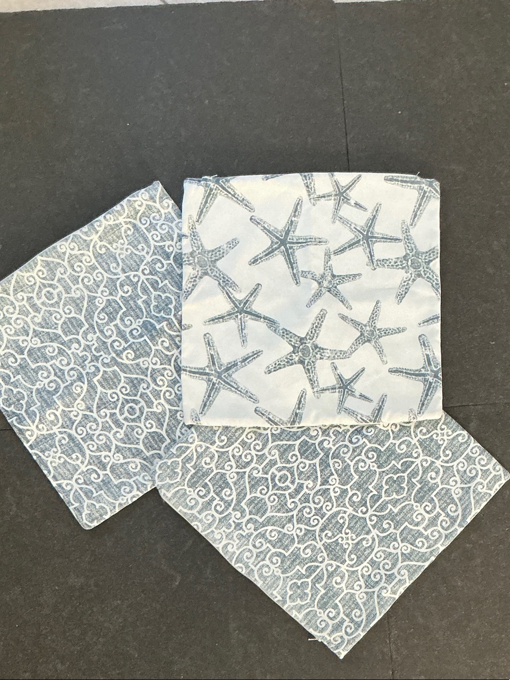 16x16 pillow covers Blue Starfish & Scroll patterns, a seaside vibe